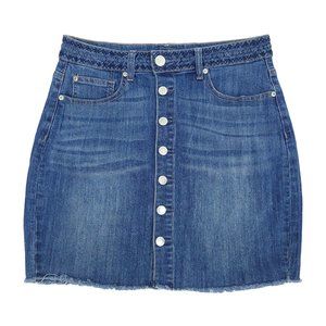 Maurices Jean Denim Mini Skirt 5/6 Button Fringe Hem Stretch Embroidered Waist